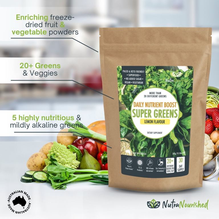 super greens powder energising superfood blend nutrients and vitamins of 20 greens 300g Super Greens powder pouch with fresh vegetables
