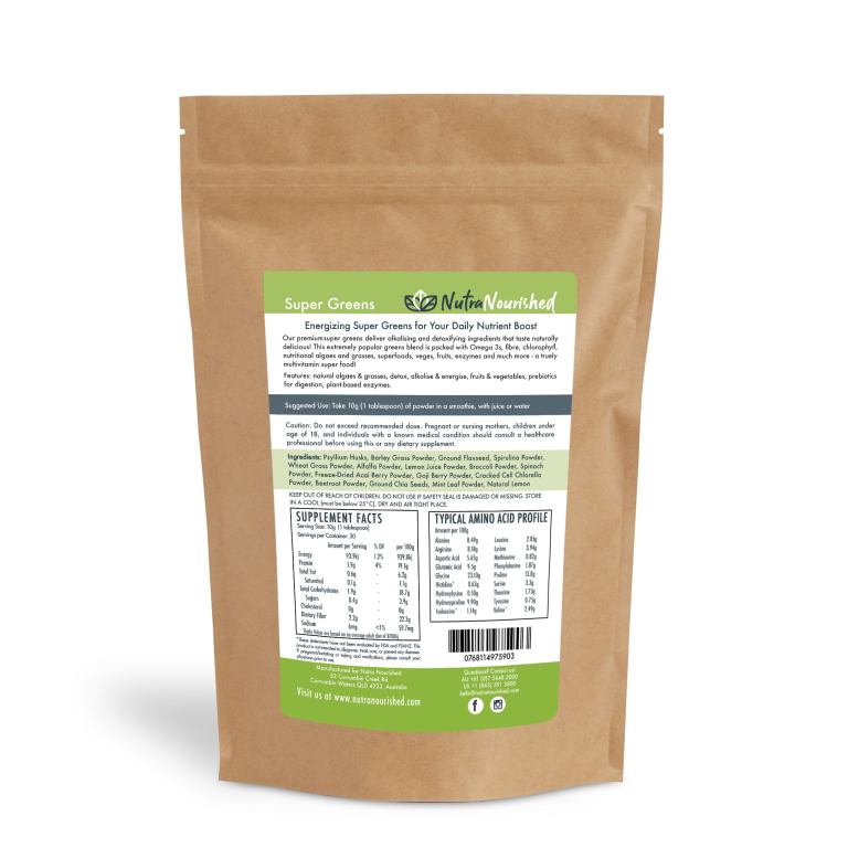 super greens powder energising superfood blend nutrients and vitamins of 20 greens 300g NutraNourished Super Greens supplement pouch packaging
