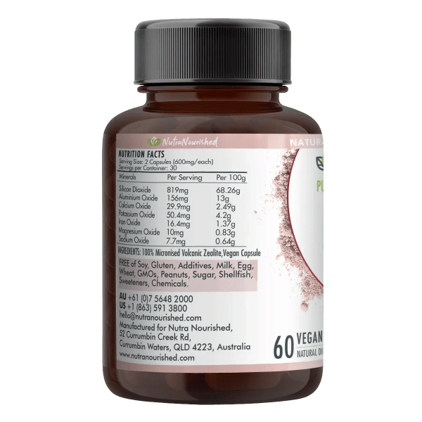 NutraNourished volcanic zeolite supplement bottle, 60 capsules