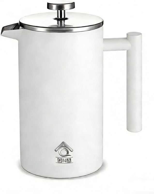 White stainless steel coffee plunger with lid