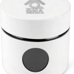 White cylindrical container with black front button