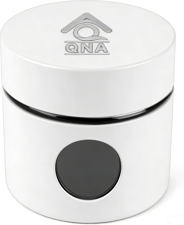 White cylindrical container with black front button
