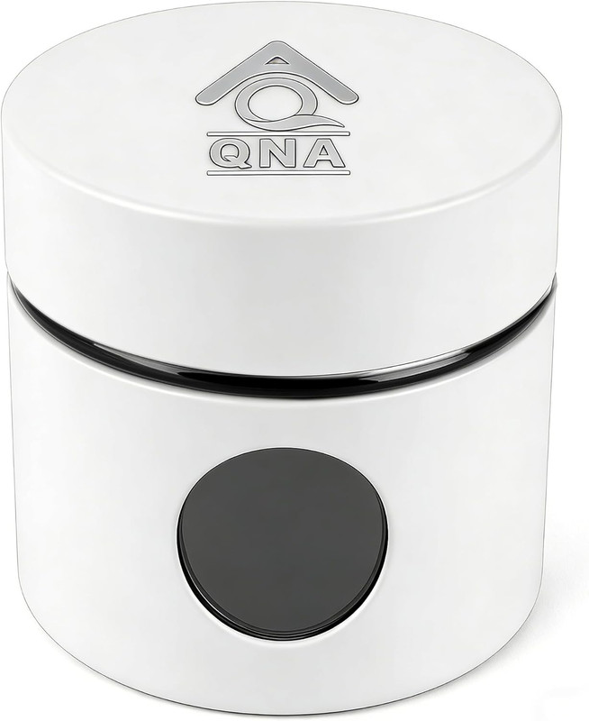 White cylindrical container with black front button