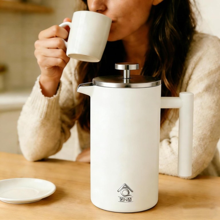 White French press and woman drinking coffee