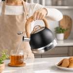 Pouring hot water from kettle into glass mug