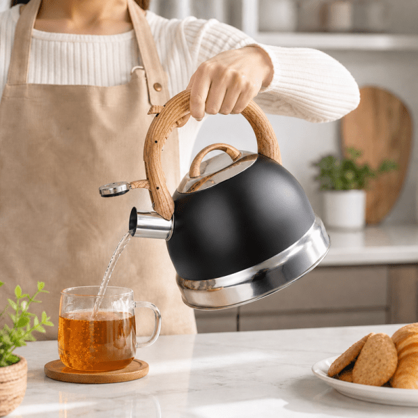 2.9l whistling kettle stainless steel foldable handle camping home office black Pouring hot water from kettle into glass mug