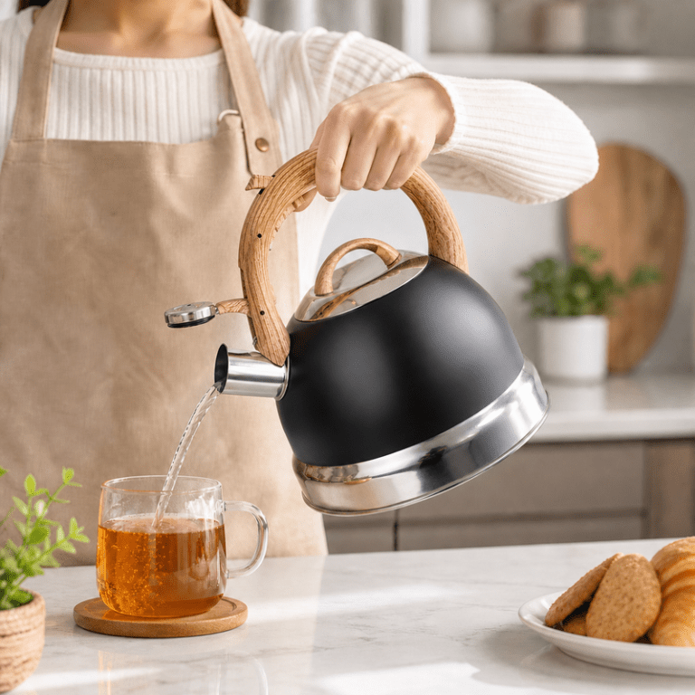Pouring hot water from kettle into glass mug