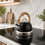 Modern black kettle on induction cooktop