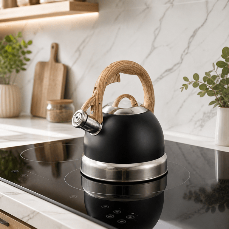 Modern black kettle on induction cooktop