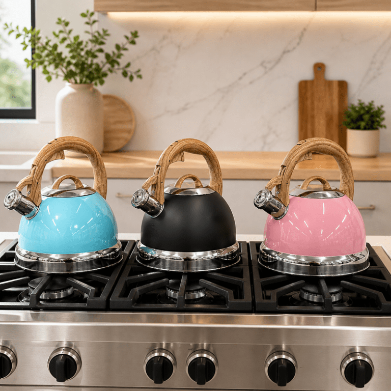 Three colourful kettles on modern gas stove