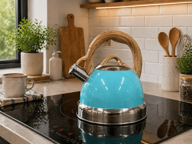 Turquoise kettle on modern kitchen stovetop