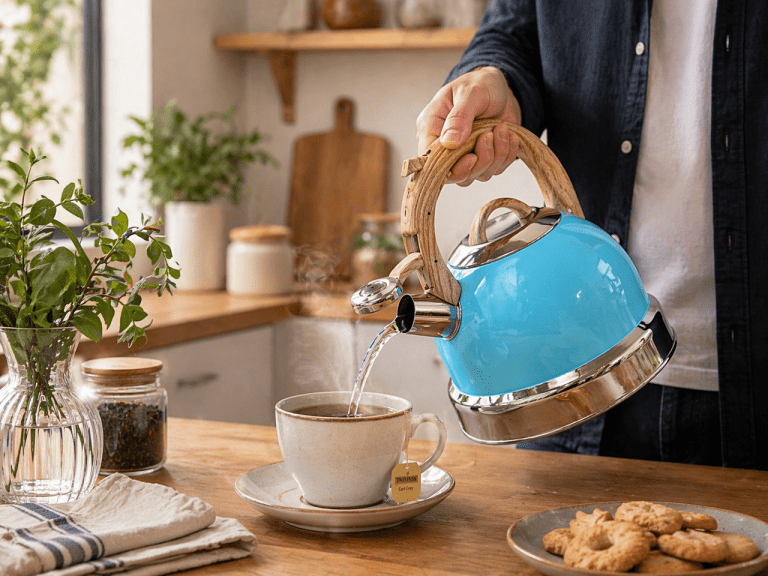 Pouring hot water into Earl Grey teacup