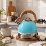 Turquoise kettle with wooden handle on kitchen bench