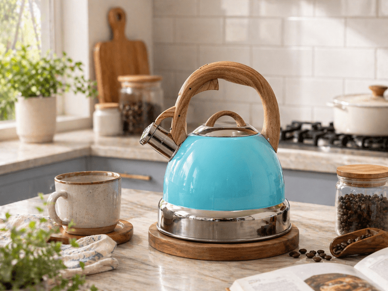 Turquoise kettle with wooden handle on kitchen bench