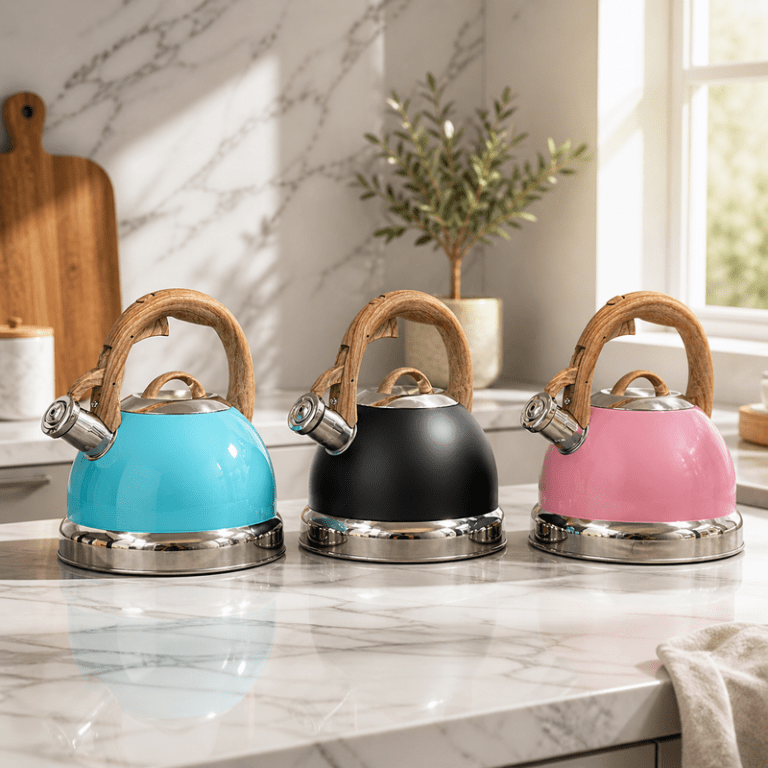 Three colourful kettles on marble kitchen bench