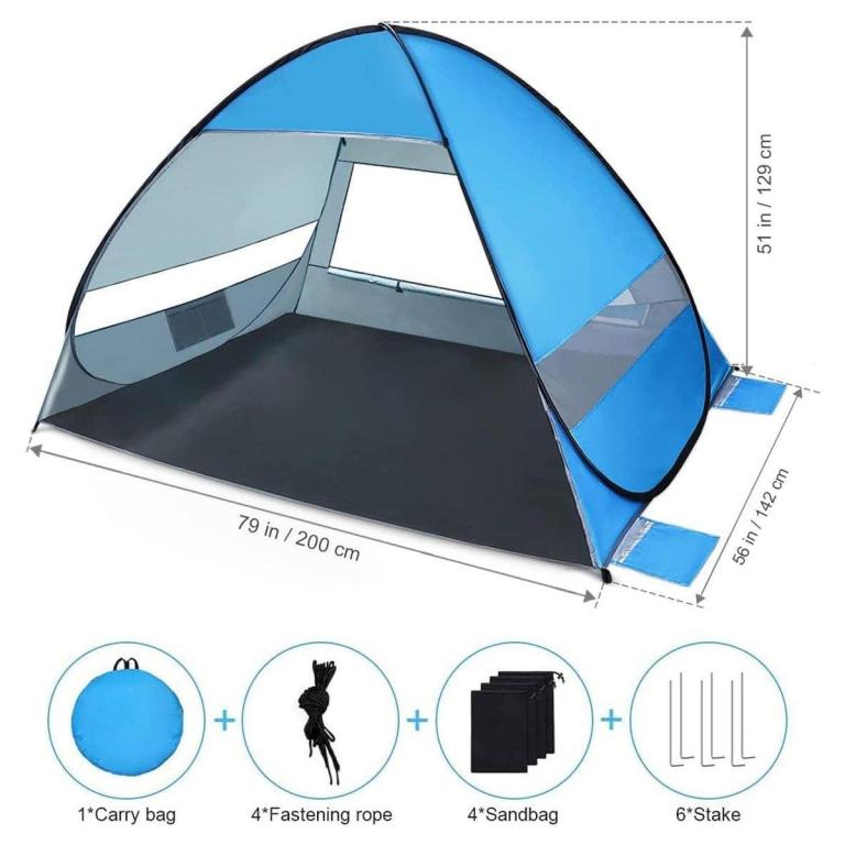 automatic pop up beach tent uv protection portable sunshade shelter outdoor Blue pop-up beach tent with dimensions and accessories