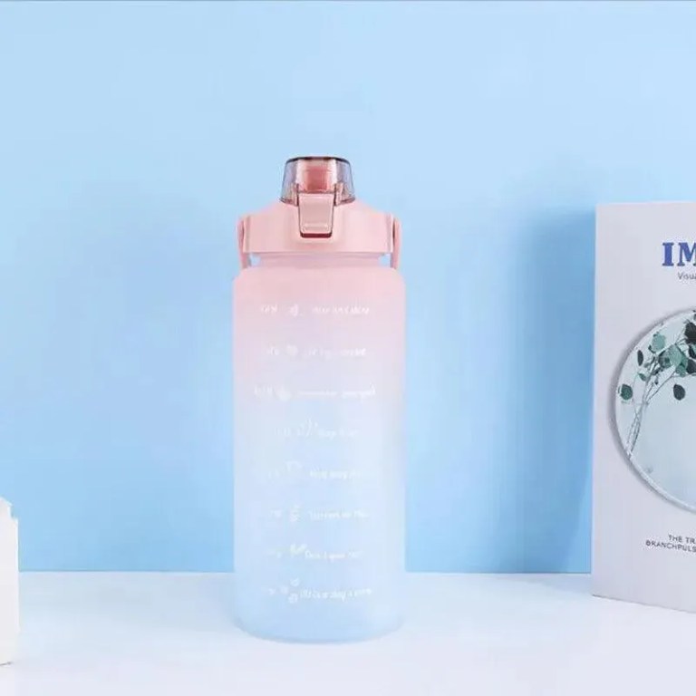 2l large water bottle straw time gradient cup fitness jugs sport gym training pink Pastel gradient water bottle with flip lid