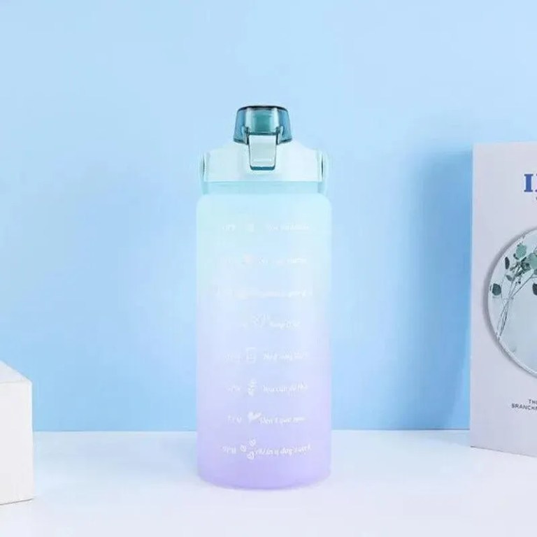 2l large water bottle straw time gradient cup fitness jugs sport gym training pink Pastel gradient water bottle with flip lid
