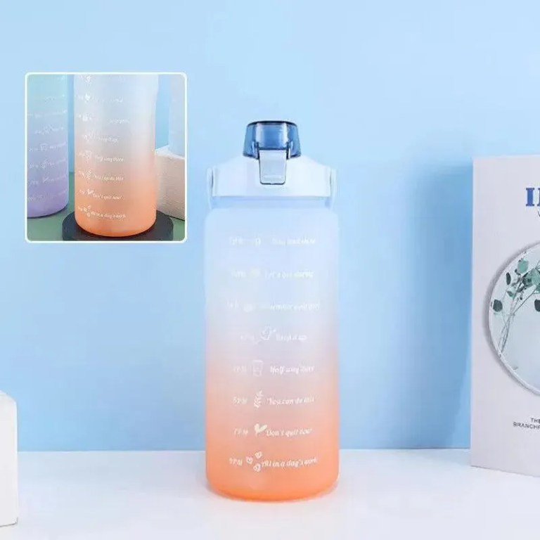 2l large water bottle straw time gradient cup fitness jugs sport gym training pink Gradient motivational water bottle with time markers
