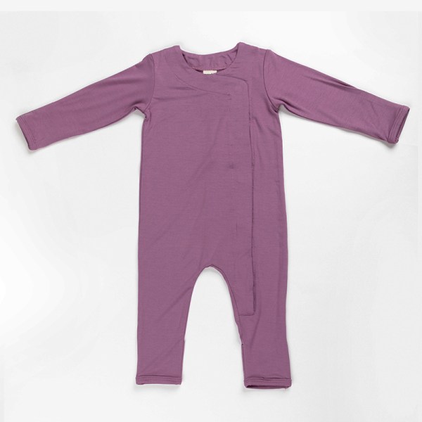 Purple long-sleeve baby onesie on white background