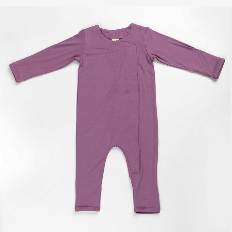 Purple long-sleeve baby onesie on white background