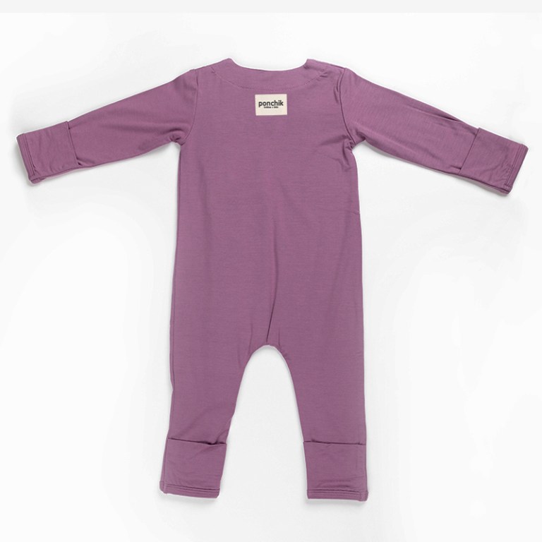 Mauve long-sleeve baby onesie with fold-over cuffs