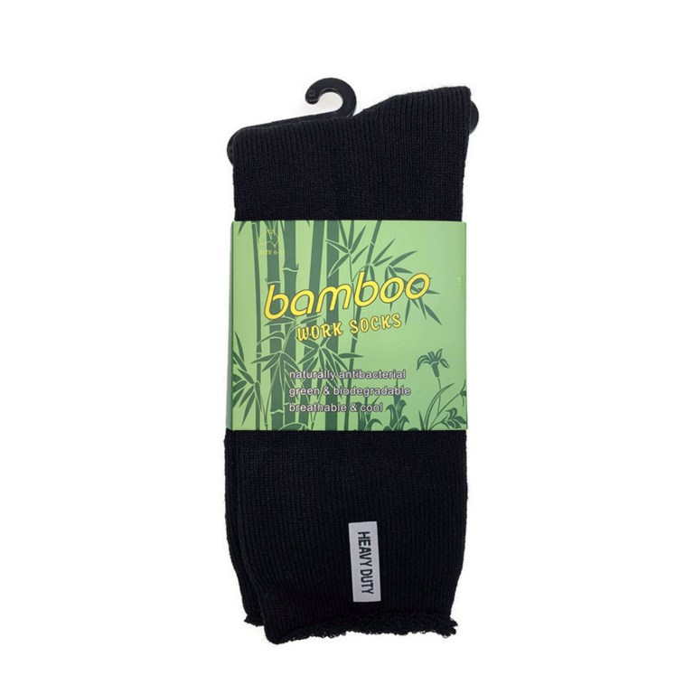 Black bamboo work socks in retail packaging