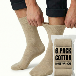 Beige cotton loose top socks and 6-pack packaging