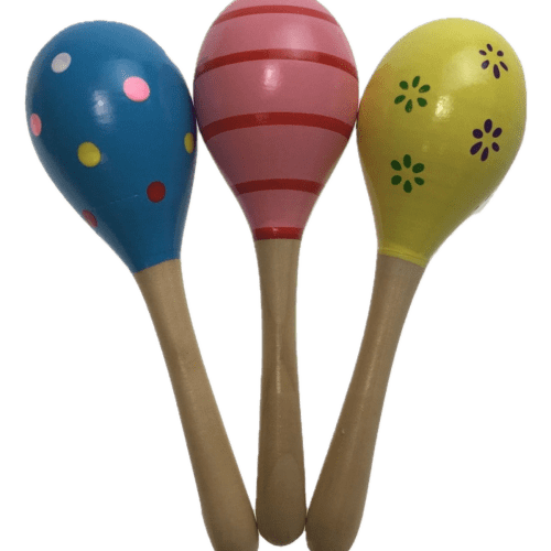 Three colourful wooden maracas with patterned designs