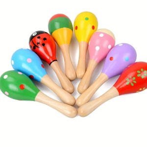 Colourful wooden maracas arranged in a fan shape