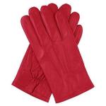 Pair of red leather gloves on white background