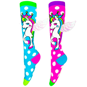 Colourful unicorn knee-high socks with polka dots