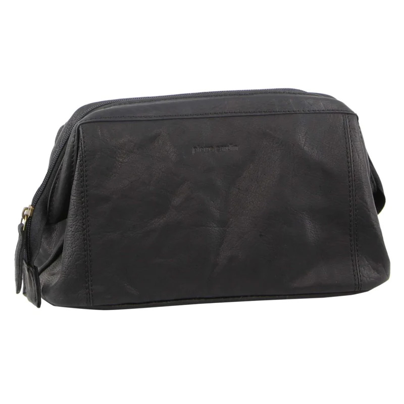 Black leather toiletry bag with zip closure