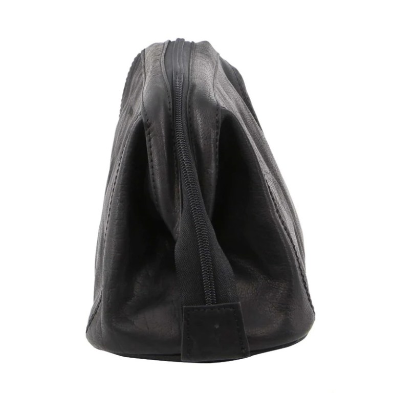 Black leather toiletry bag with top zipper