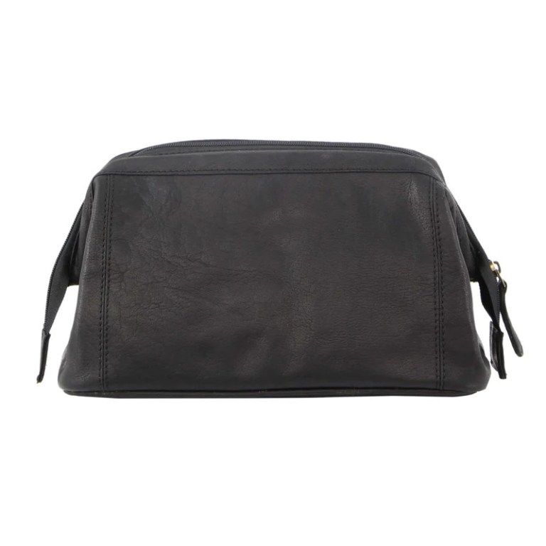 Black leather toiletry bag with top zip