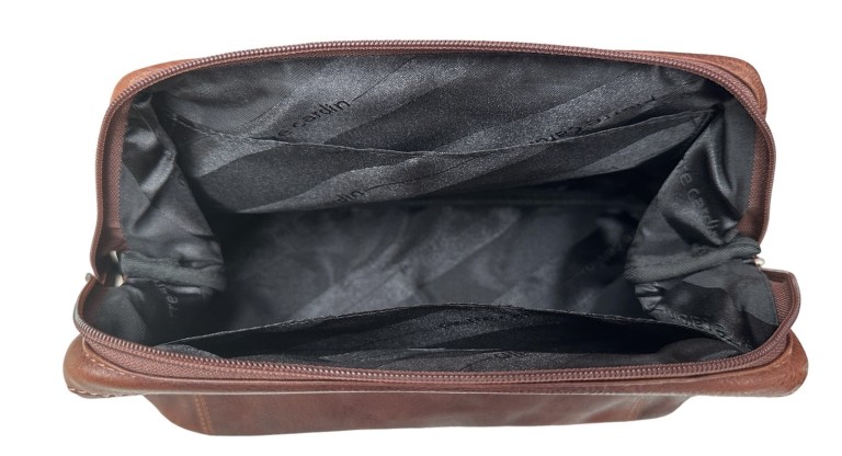 pierre cardin mens rustic leather toiletry case bag travel cognac Open brown leather toiletry bag with black lining