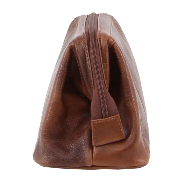 pierre cardin mens rustic leather toiletry case bag travel cognac Brown leather toiletry bag with top zipper