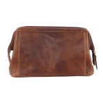 pierre cardin mens rustic leather toiletry case bag travel cognac Brown leather toiletry bag on white background