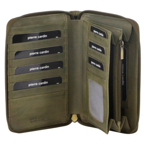 Open olive leather wallet with multiple card slots