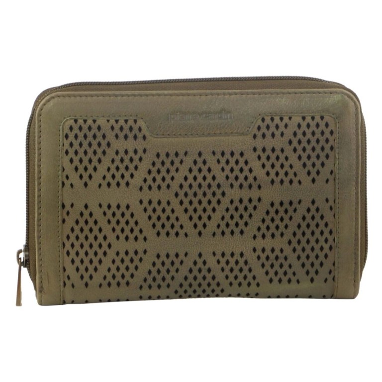 Tan perforated leather zip-around wallet