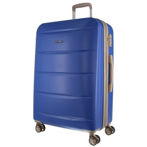 Blue hard-shell suitcase with spinner wheels and handle