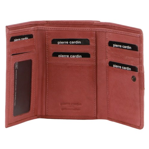 Open brown leather wallet with multiple card slots