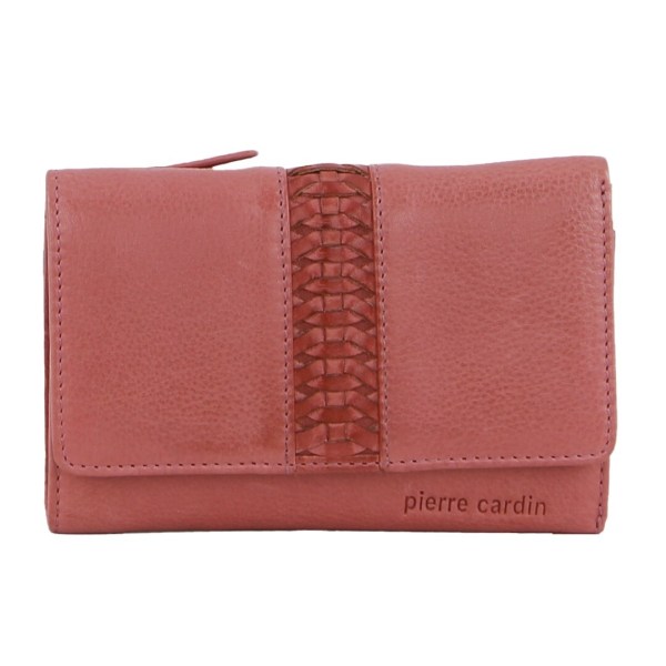 pierre cardin leather ladies woven design tri fold wallet in marsala Pink leather Pierre Cardin wallet with braided detail