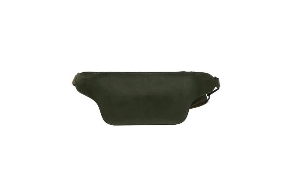 Dark green leather waist bag on white background