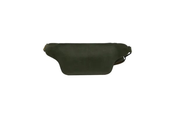 Dark green leather waist bag on white background