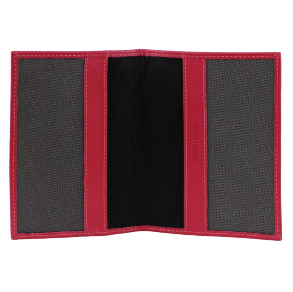 Open red leather wallet with black interior