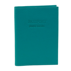 Teal leather passport holder with embossed branding