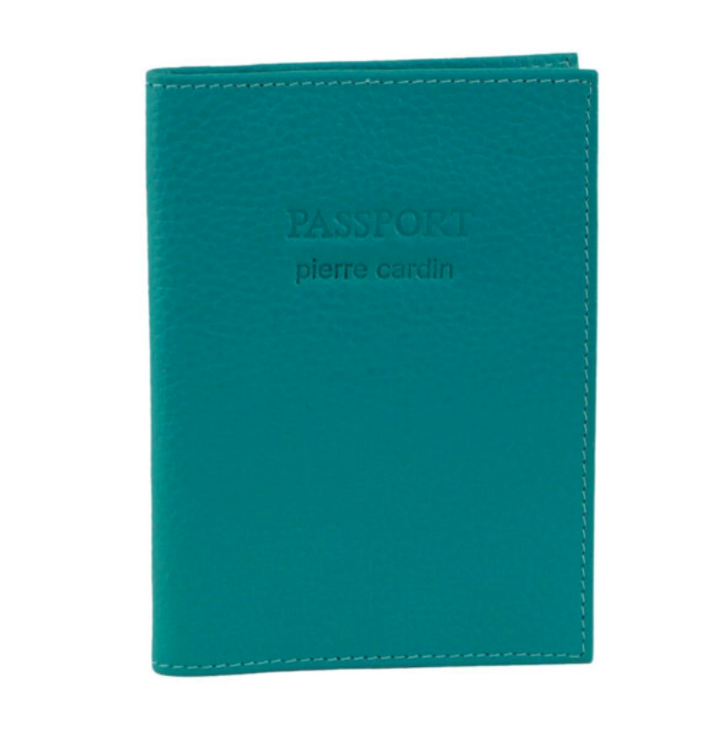 Teal leather passport holder with embossed branding