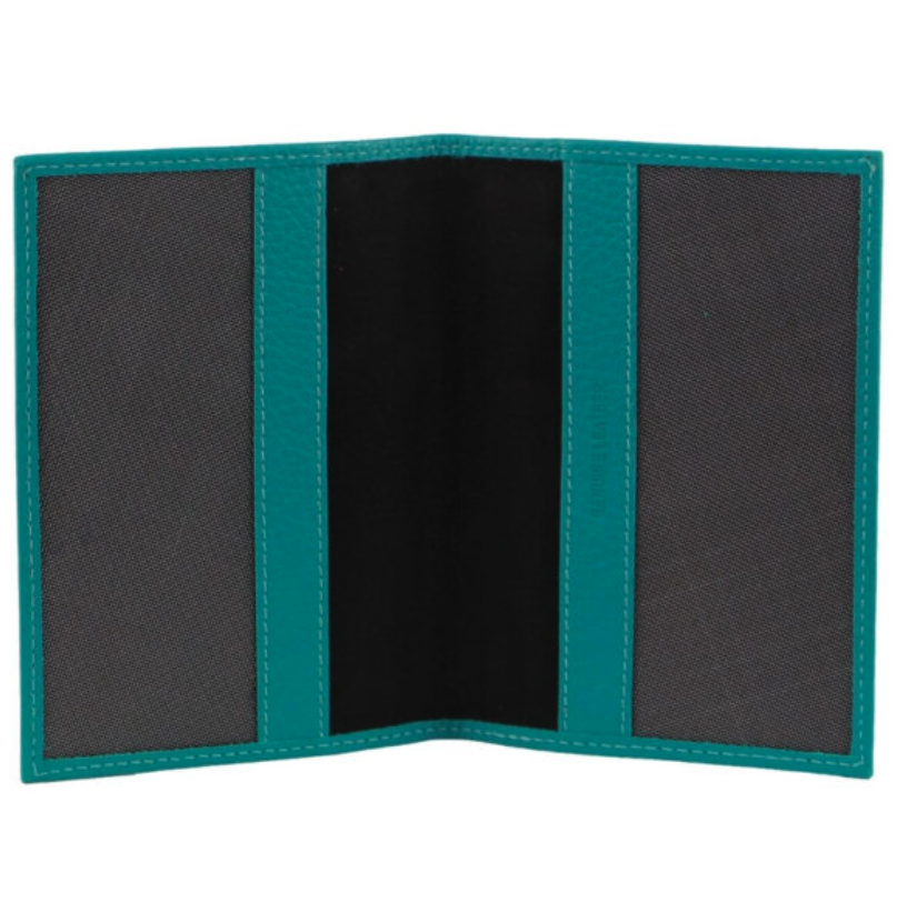 Open teal tri-fold wallet with mesh panels