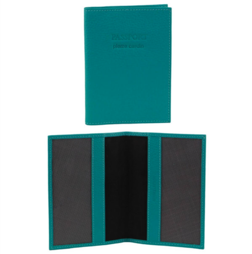 Teal Pierre Cardin passport holder, open and closed